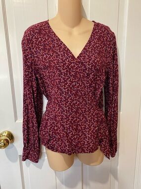 Women's Burgundy V-Neck Long Sleeve Wrap Top